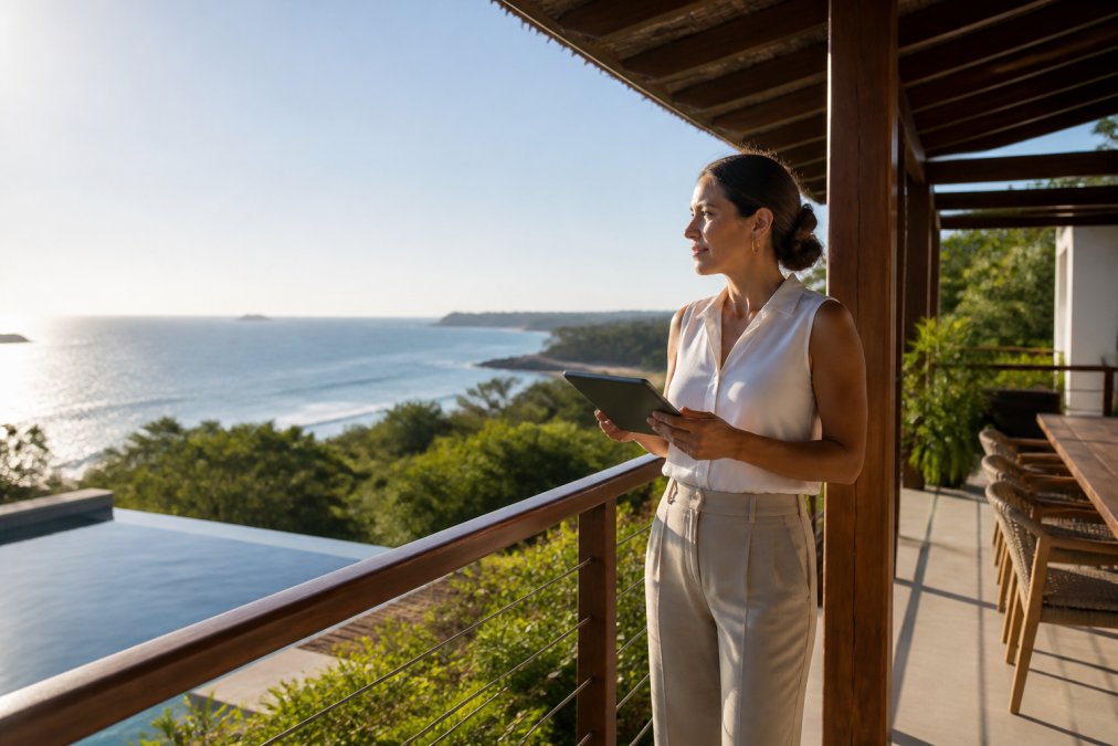 Property manager reviewing details on a tablet at a sunny beachfront villa in Tamarindo overlooking the Pacific