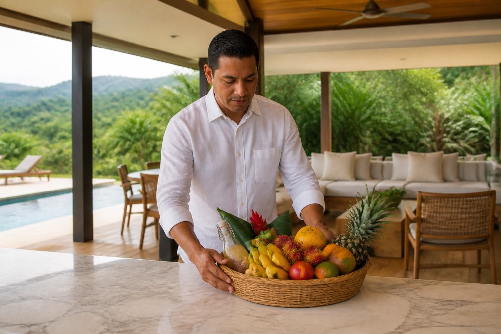 A concierge in a crisp linen shirt arranging a welcome basket of tropical fruit on a marble counter inside an open-air villa living room