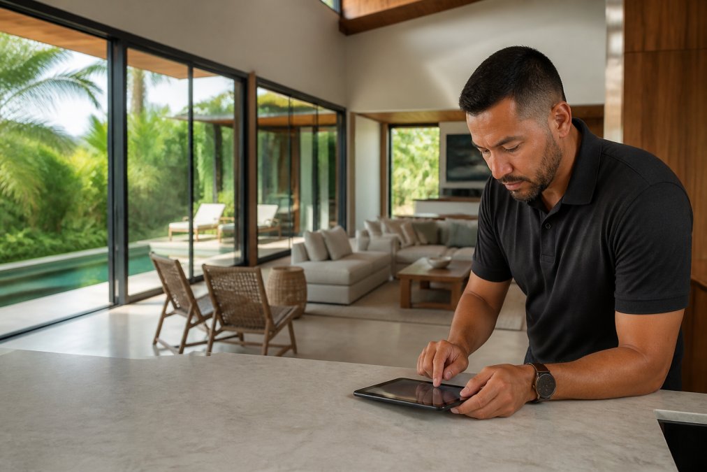 Property manager conducting professional walkthrough of luxury La Fortuna home with tablet, inspecting finishes and taking detailed notes on maintenance condition