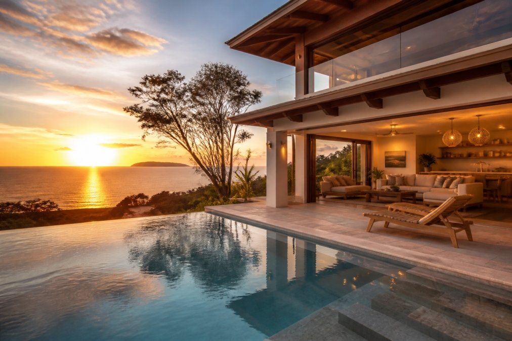 Luxury beachfront villa in Costa Rica with modern furnishings, ocean views, and golden sunset lighting reflecting on the architectural details and pool area