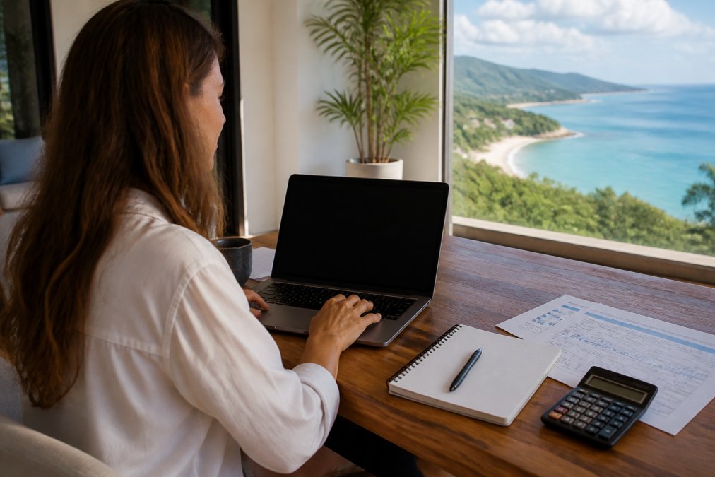 Property manager on video call with laptop, reviewing booking calendar and guest communication messages, with Costa Rican coastal view visible through office window