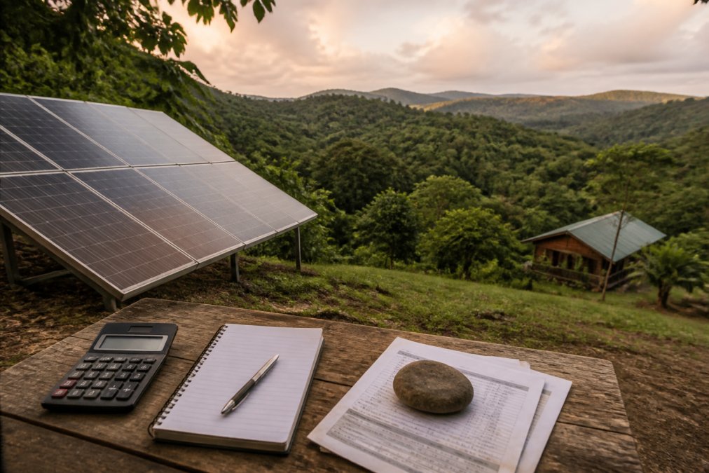 A solar panel array on a hillside overlooking a lush Costa Rican jungle canopy, with a small off-grid cabin visible in the distance