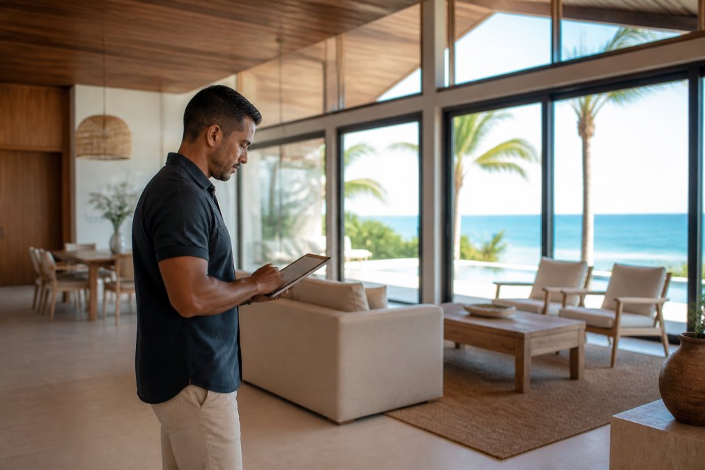 Property manager inspecting a luxury coastal home for five-star hospitality property management standards.