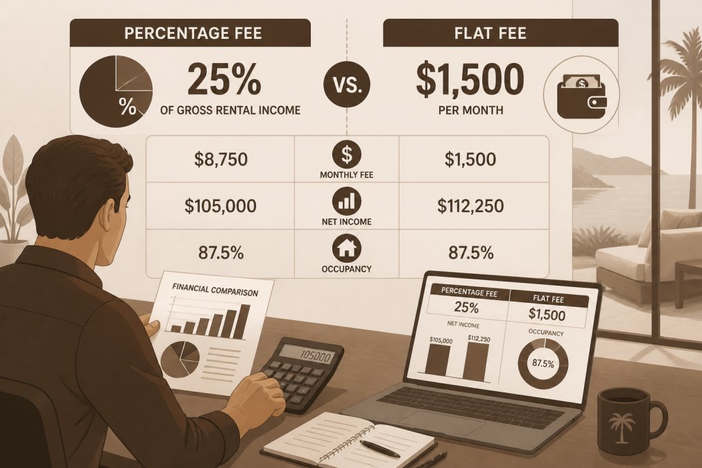 Property owner at a desk with documents, calculator, and laptop comparing financial performance metrics and occupancy rates