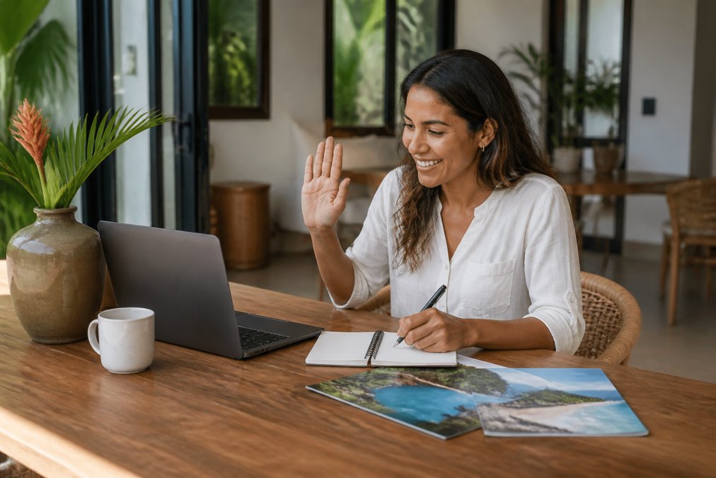 Professional property manager on a video call with a guest, smiling warmly while taking detailed notes, with a laptop, calendar, and local Costa Rica tourism materials visible on the desk