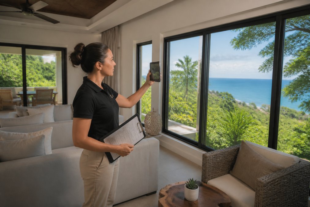 Property manager conducting a walkthrough inspection of a luxury coastal home in Costa Rica, photographing details and taking notes on a tablet, natural light from large windows overlooking the ocean
