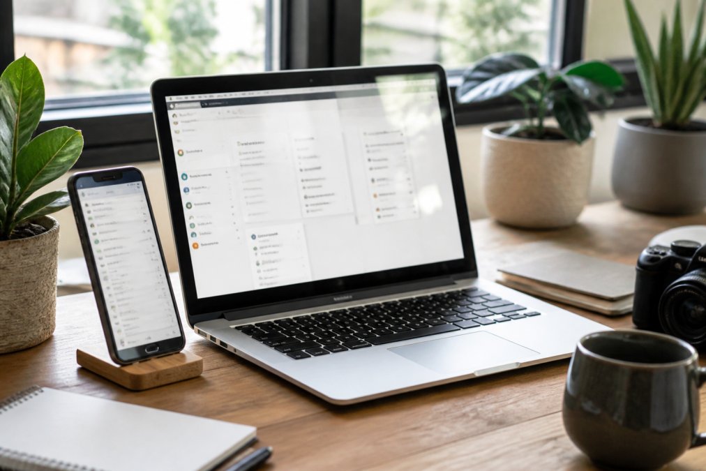 Laptop and smartphone displaying property management software dashboards with occupancy rates, guest communications, maintenance alerts, and financial reports on bright desk with natural office lighting