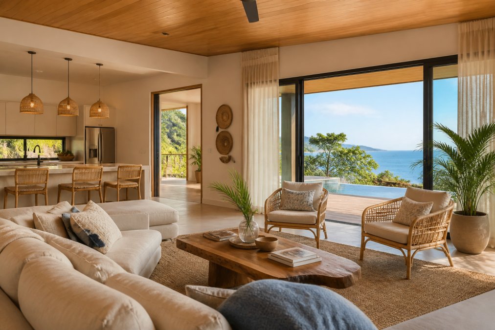 Luxury coastal vacation home in Costa Rica with professional staging showing comfortable seating area, modern amenities, ocean views through large windows with natural golden light, welcoming and aspirational setting