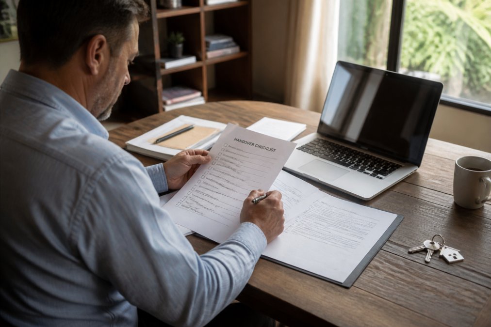 A property owner sitting at a wooden desk reviewing printed documents and a handover checklist, with a laptop open showing a property management dashboard and a set of house keys resting on the corner of the desk, in a well-lit home office