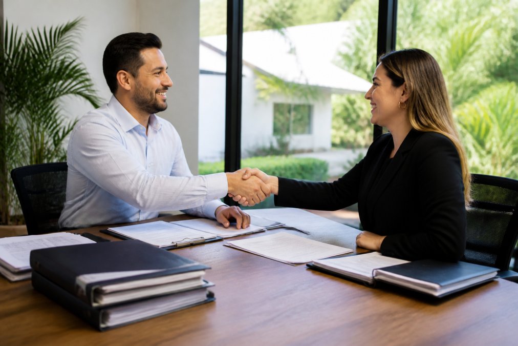 Two professionals shaking hands across a desk covered with financial folders and printed documents, in a bright modern office with large windows and natural light
