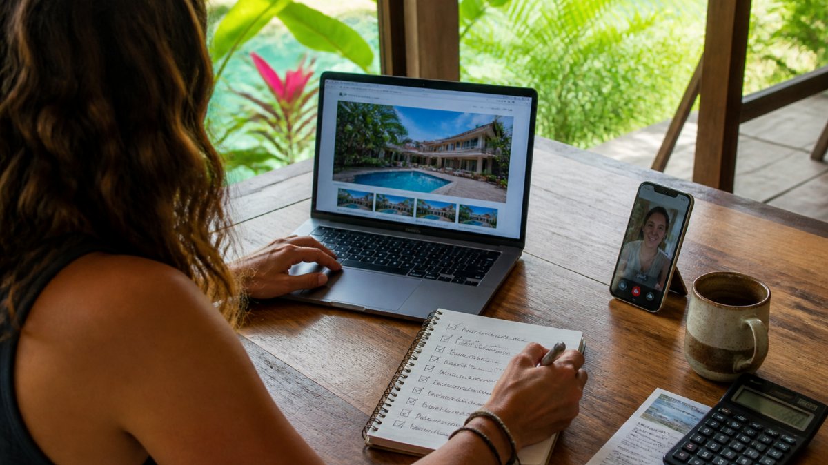 A traveler sitting at a wooden table with a laptop showing a vacation rental listing, a notepad with handwritten checklist items, and a smartphone displaying a video call, with tropical greenery visible through an open window