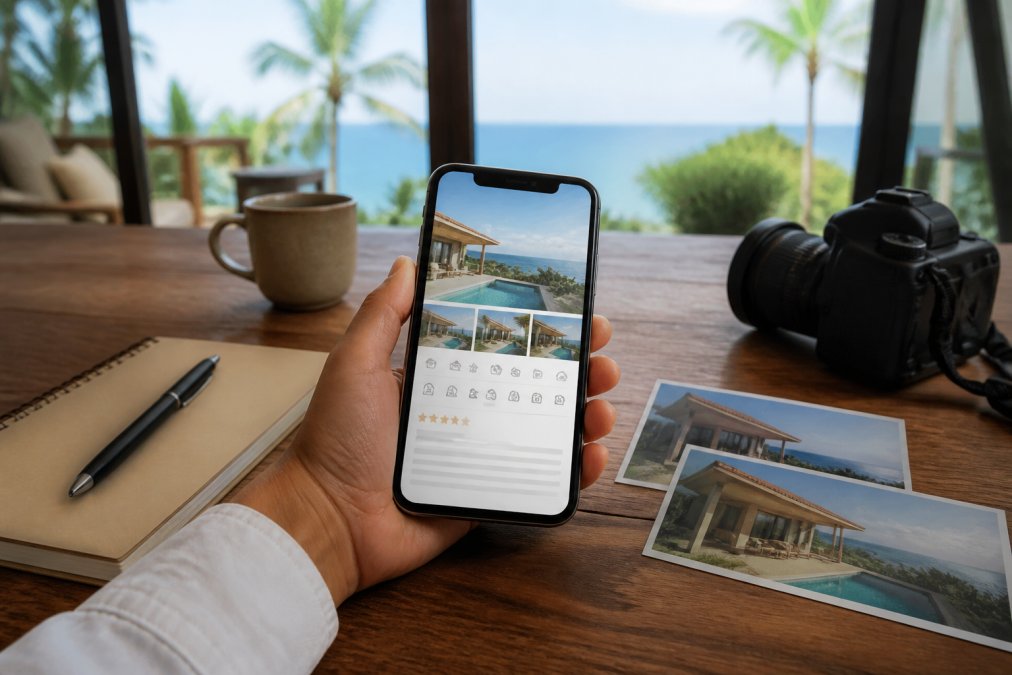 A smartphone displaying a luxury vacation rental listing with professional high-resolution photos of a beachfront villa, amenity icons, five-star review ratings, and detailed description text in natural morning light