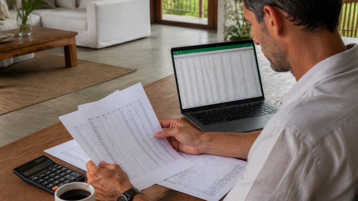 Process flow for a property manager reviewing financial reports and spreadsheets at a desk