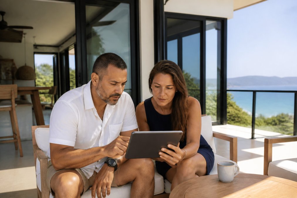 A property manager and a homeowner reviewing documents on a tablet at a modern villa terrace overlooking the ocean in Guanacaste, Costa Rica