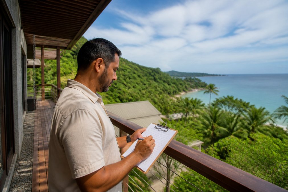 Property manager conducting on-site inspection of luxury coastal home, examining exterior railings and structural elements with ocean visible in background, taking detailed notes on clipboard