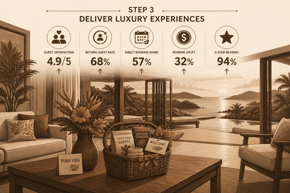 A beautifully staged luxury villa living area in a tropical Costa Rica setting, with fresh tropical flowers arranged on a teak coffee table, a handcrafted welcome gift basket containing local coffee and artisan snacks, and a panoramic ocean view visible through fully open glass sliding doors in warm late-afternoon light