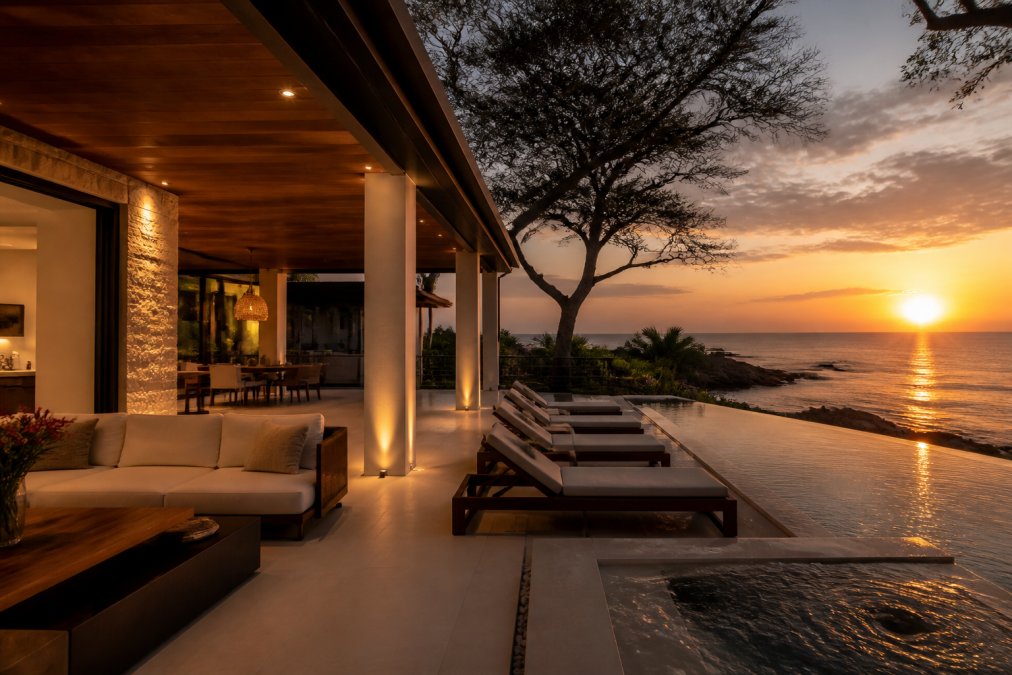 Luxury beachfront villa at golden sunset with professional lighting illuminating elegant outdoor living space, lounge chairs, ocean view, and ambient lighting reflecting off the water and architectural features