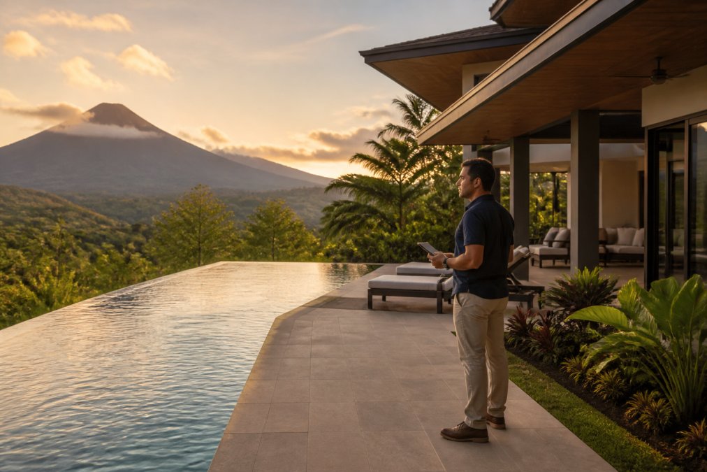 Luxury villa in La Fortuna with modern architecture, infinity pool overlooking volcanic landscape, lush tropical gardens at golden hour sunset, professional property manager inspecting exterior amenities