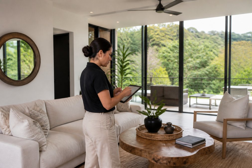 Professional property manager conducting detailed inspection of luxury villa interior, checking furnishings and amenities, taking notes on tablet, modern villa with natural lighting from large windows