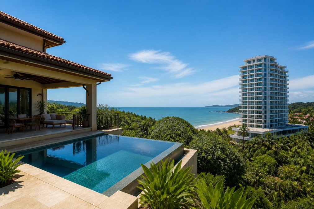 A luxury villa with a private infinity pool overlooking the Pacific Ocean in Guanacaste, Costa Rica, contrasted with a modern beachfront condo tower in the background, both under bright tropical sunlight