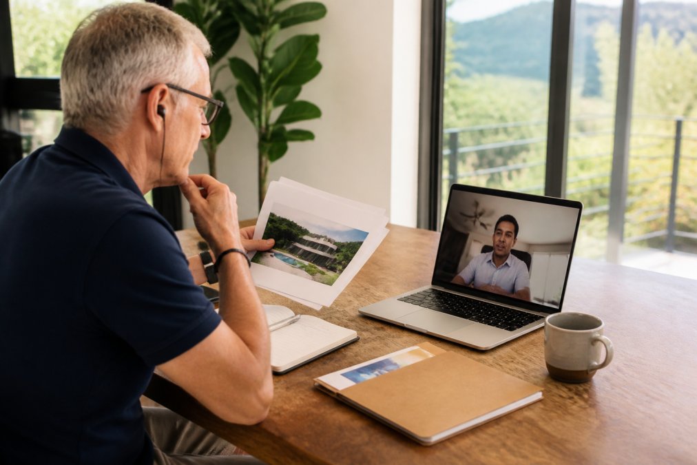 Remote owner video calling with property manager on laptop while reviewing property documents at home office desk with natural lighting