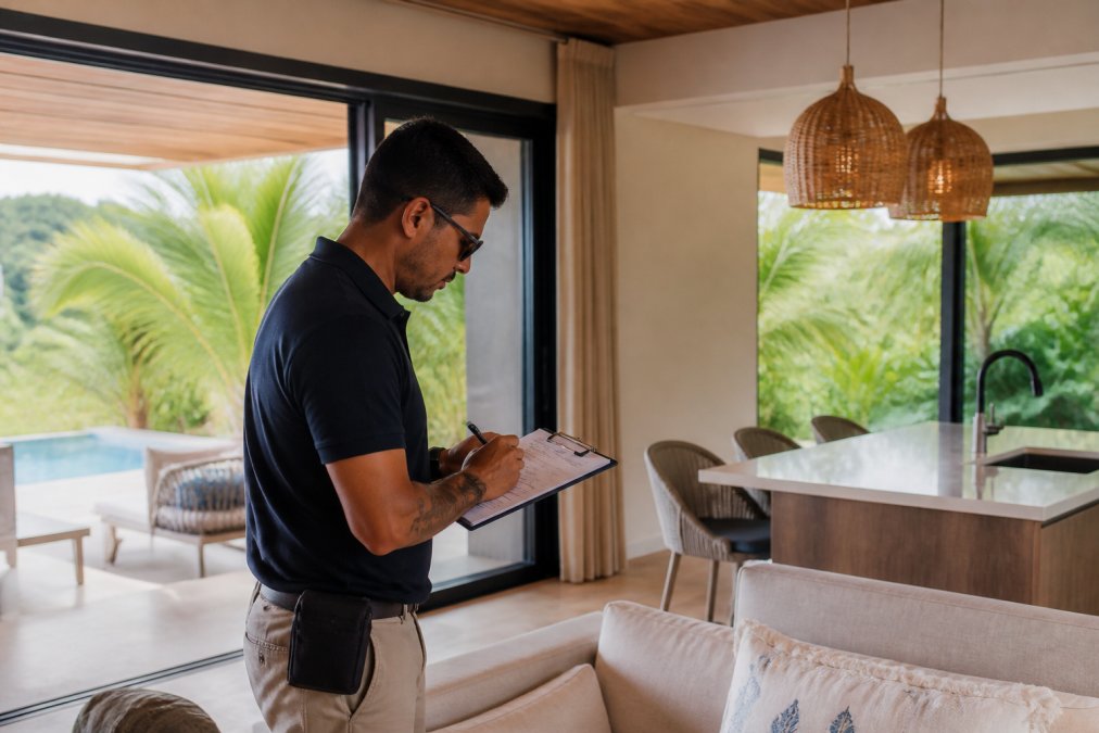 Property manager conducting walkthrough inspection of luxury Costa Rican home with tablet and checklist, photographing condition of fixtures and furnishings