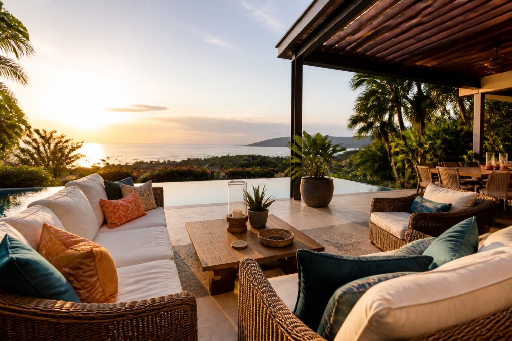 Luxury coastal property's inviting outdoor living space with comfortable seating, ocean views, professional staging with colorful cushions, tropical plants, and warm golden-hour lighting creating an aspirational vacation scene