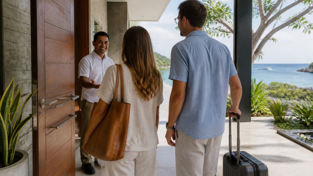 Professional concierge staff member greeting arriving guests at the entrance of a luxury coastal villa with ocean views in the background, demonstrating white-glove service and personalized attention