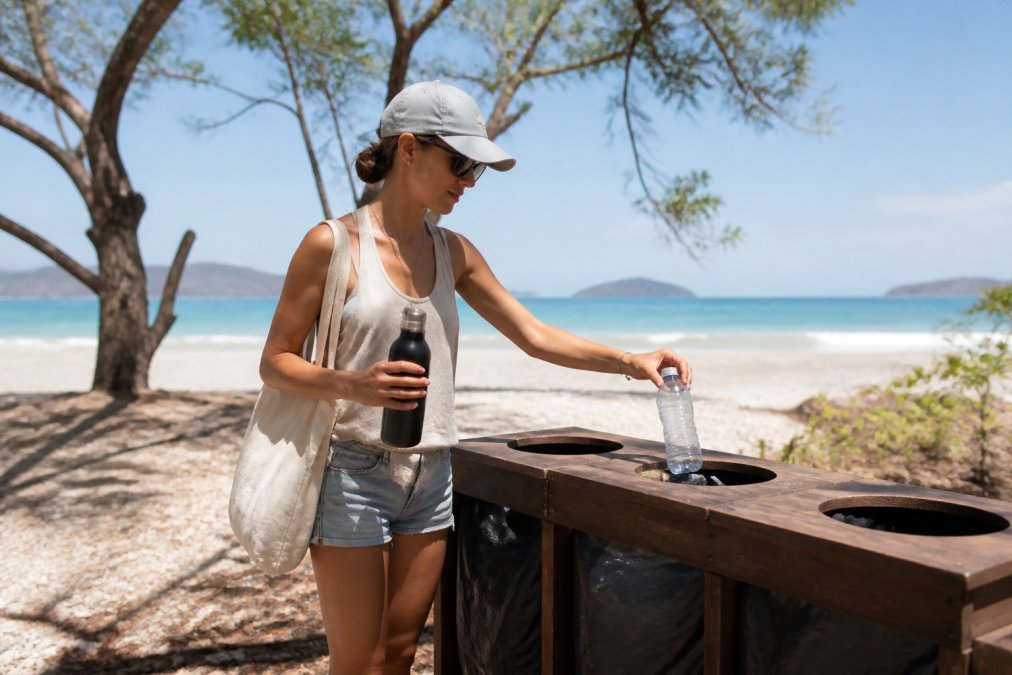 A traveler at a beach in Guanacaste placing a plastic bottle into a clearly marked recycling bin, with a reusable water bottle in their other hand, bright tropical sunlight
