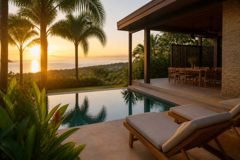 Luxury villa's private plunge pool surrounded by lush tropical vegetation, with teak lounge chairs, panoramic ocean view at golden hour, and covered pergola with outdoor dining