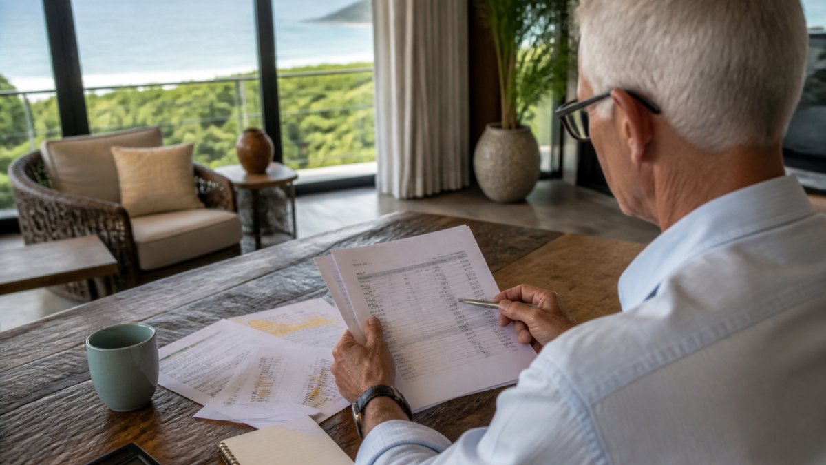 Property owner reviewing rental income reports on a laptop to decide between revenue share vs fixed fee models