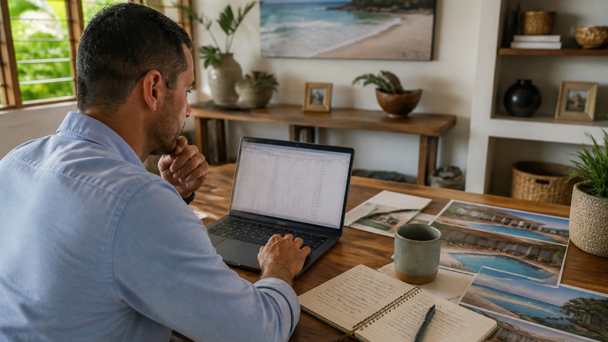 Property manager analyzing SEO strategies for high end vacation properties on a laptop in a coastal office