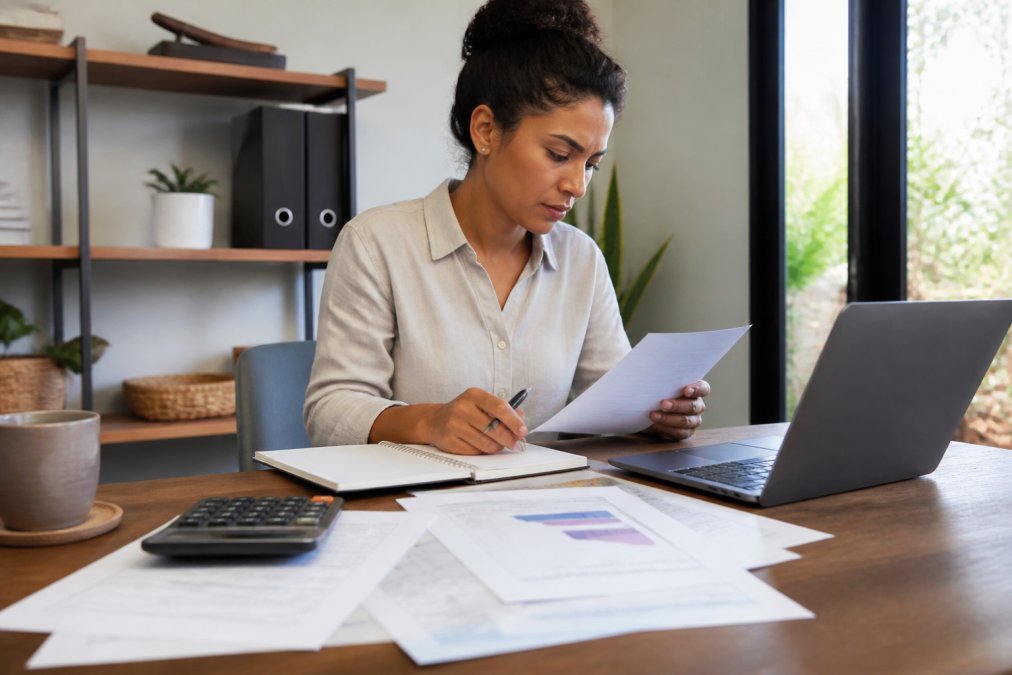 Property manager reviewing financial documents and rental data on a laptop at a desk in a professional office setting with natural lighting