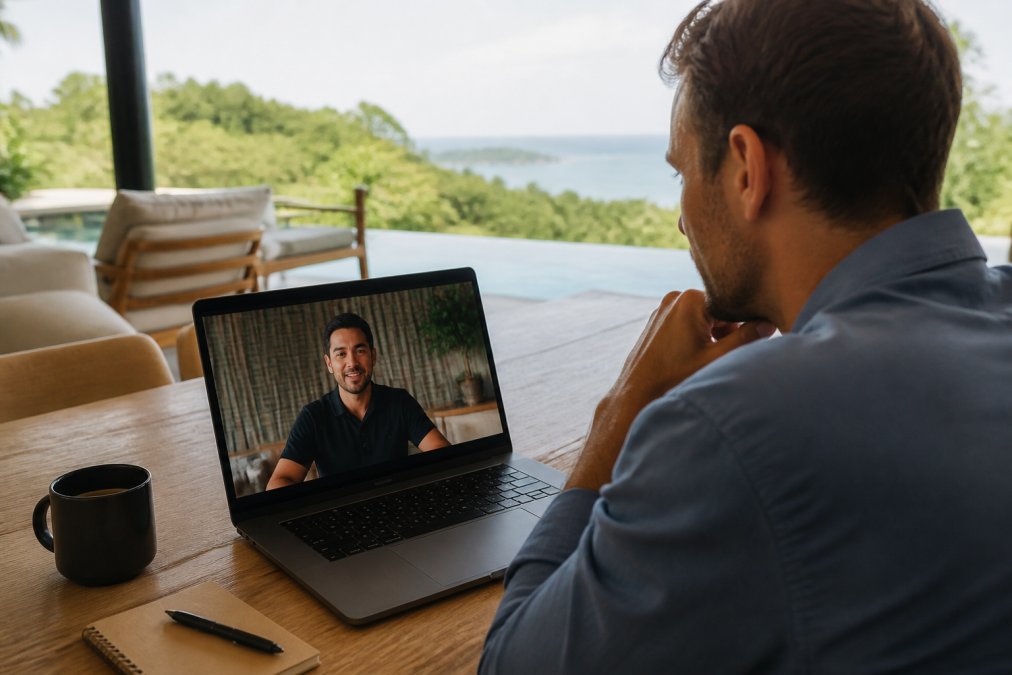Remote owner on a video call with a property manager, showing communication and oversight of a Costa Rican luxury villa through laptop screen