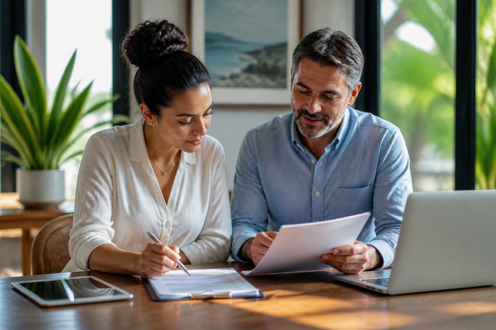 Property owner and professional management consultant reviewing vacation rental contract documentation together at desk with laptop and tablet, discussing terms and responsibilities in modern office setting with natural daylight