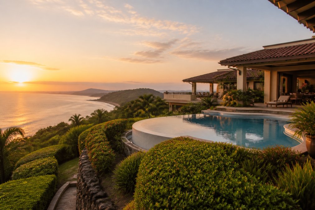 Luxury beachfront property in Costa Rica with pristine ocean views, professionally maintained exterior, manicured landscaping, and high-end architectural details visible in golden hour lighting