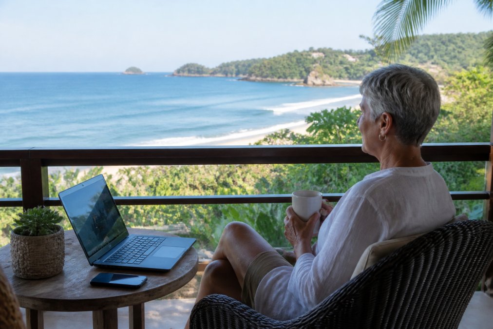 Retired homeowner relaxing on a beachfront terrace overlooking the Pacific Ocean in Costa Rica, laptop open on a small table nearby, reviewing booking calendar and guest messages with a peaceful expression