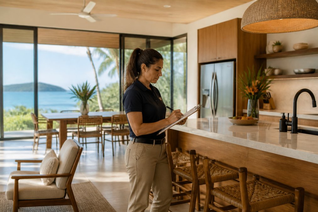 Professional property manager conducting thorough walkthrough inspection of a luxury coastal home in Costa Rica, checking fixtures and taking notes, with ocean views visible through large windows and professional lighting throughout the space