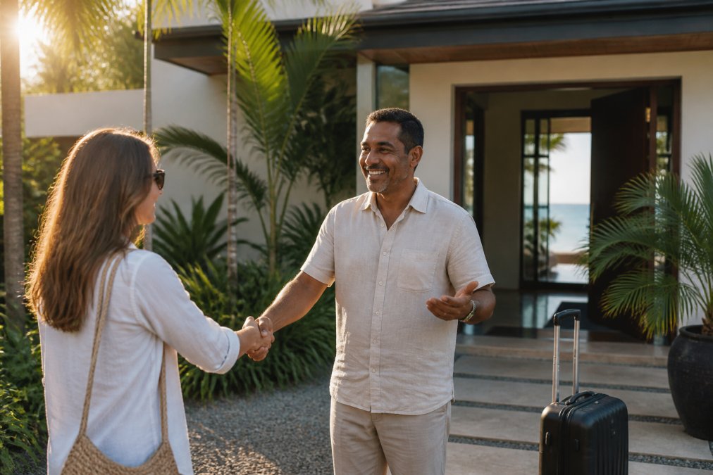 Professional host greeting arriving guests at luxury vacation rental property entrance with warm smile, handshake, modern villa architecture visible in background, golden afternoon light, welcoming atmosphere