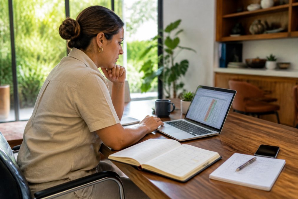 Property manager reviewing booking data and performance metrics on a laptop at a desk, with calendar and notes visible, focused and analytical